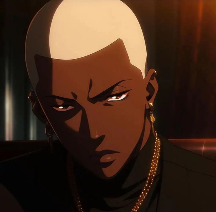 an animated image of a man with white hair and piercings on his ears, staring at the camera