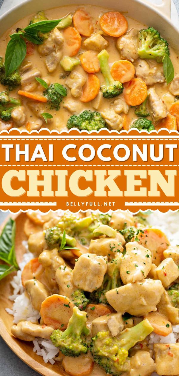 Thai Coconut Chicken, chicken recipes, family dinner ideas Tai Food Recipes, Thai Chicken Stir Fry, Coconut Chicken Recipe, Pasta Food Recipes, Coconut Milk Sauce, Thai Coconut Chicken, Recipes Chili, Pizza Sandwich, Coconut Milk Recipes