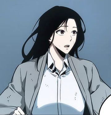 an anime character with long black hair wearing a gray jacket and white shirt holding a blue object in her hand