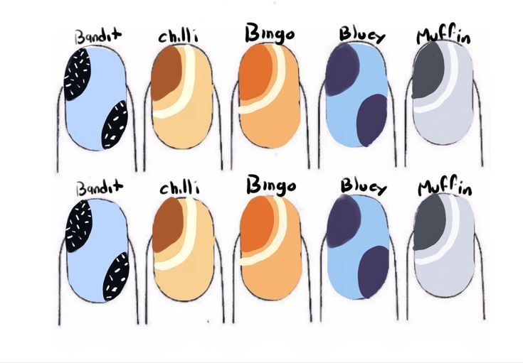 Bluey Show Nails, Bluey Cartoon Acrylic Nails, Bluey Nails Design, Bluey Bingo Inspired Nails, Bluey And Bingo Nail Ideas, Bluey Theme Nails, Bluey Cartoon Nail Art, Bluey Cartoon Nail Designs, Bluey Bingo Nails