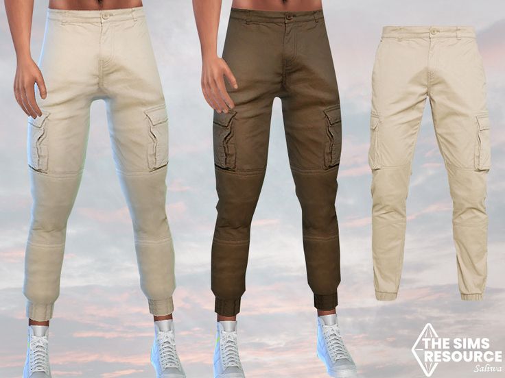 two men's pants are shown in three different colors, one is tan and the other is khaki