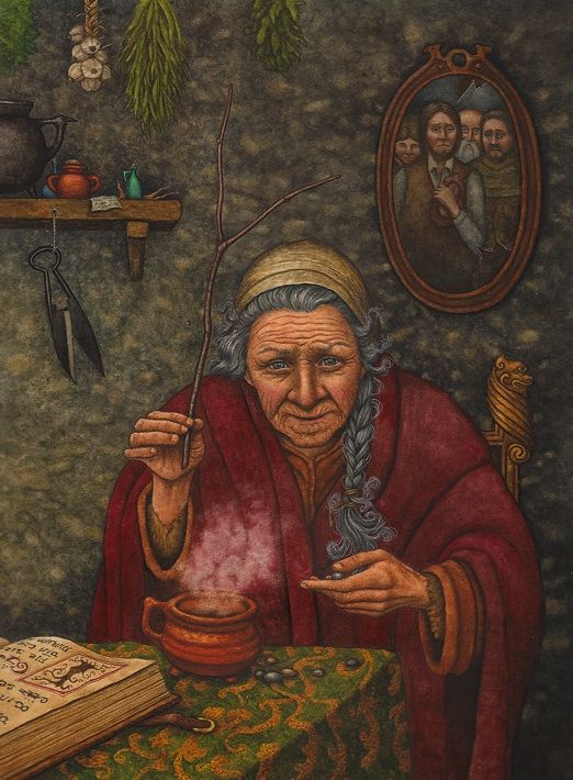 an old woman sitting at a table with a book in front of her and holding a pipe