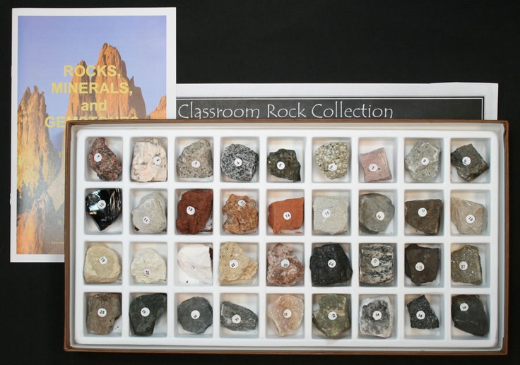 the classroom rock collection is displayed in its box and on display next to it's booklet