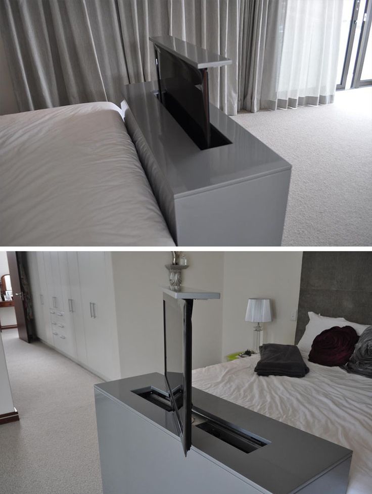 two pictures side by side of a bed with a tv on top and the bottom