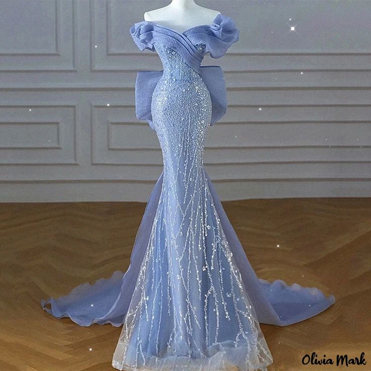 Olivia Mark - Blue Mist Embellished Evening Gown with Fish Tail and Beaded Neckline for a Sophisticated Runway Look Mermaid Formal Gowns, Beaded Mermaid, Mermaid Evening Gown, 파티 드레스, Exquisite Gowns, Marine Uniform, Blue Mermaid, Lace Decor, Mermaid Silhouette