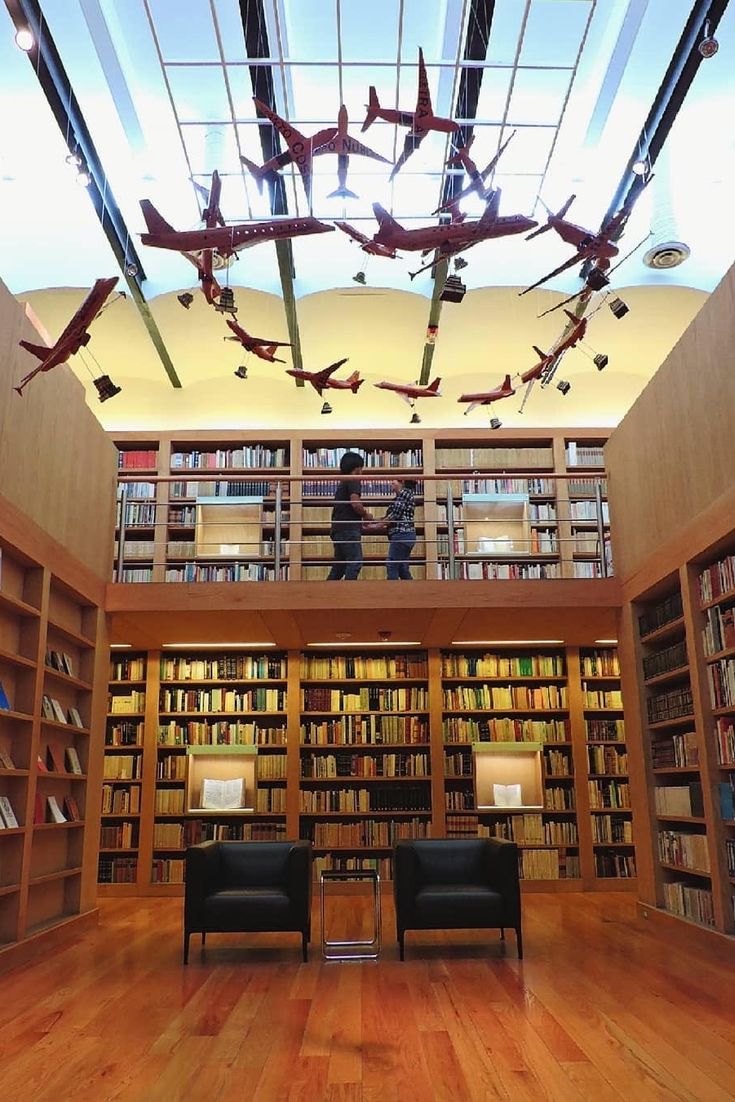 two chairs are in the middle of a library with many bookshelves and birds flying overhead