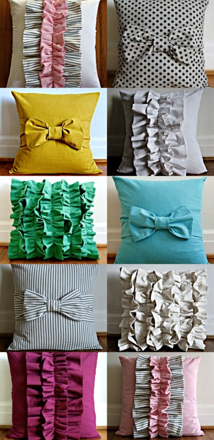 many different colored pillows with bows on them