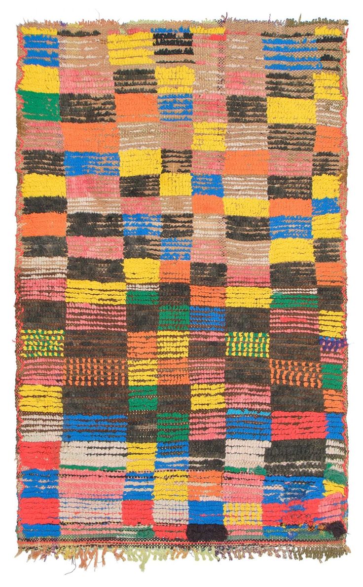 a multicolored rug with fringes on the bottom and sides, in different colors