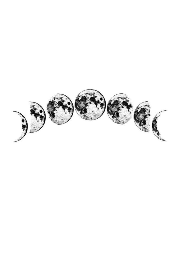 five phases of the moon in black and white, with one half painted to look like it