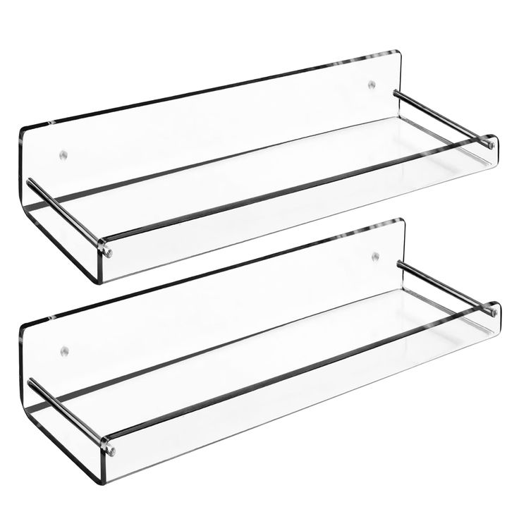 two clear glass shelves with metal handles