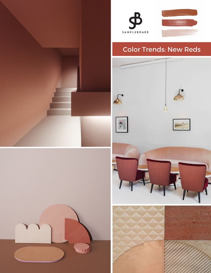 the color trend is copper and pink in this modern dining room design palette, with neutral tones