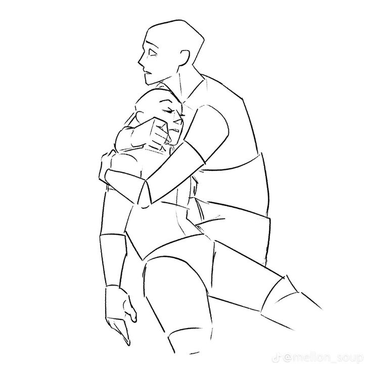 a drawing of a man holding a baby in his arms and looking at the ground