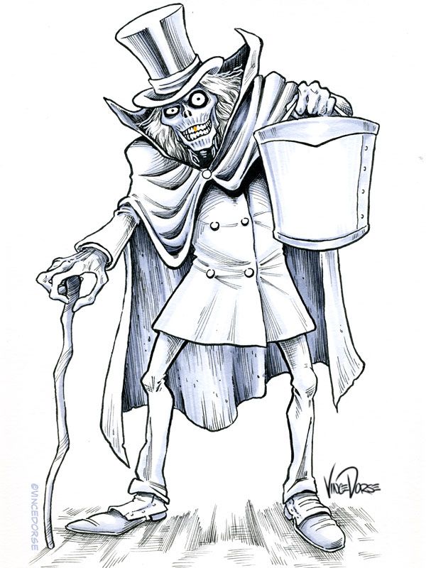 a drawing of a skeleton dressed in a top hat and coat with a cane holding a bucket