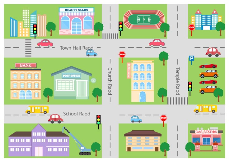 a city map with cars, buildings and street lights on the streets in different colors