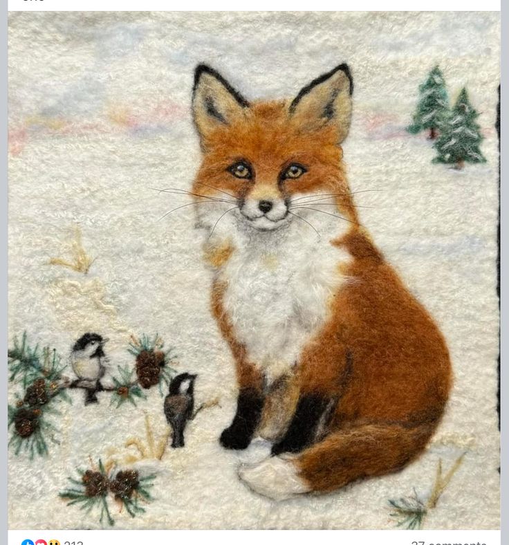 an image of a fox and birds in the snow