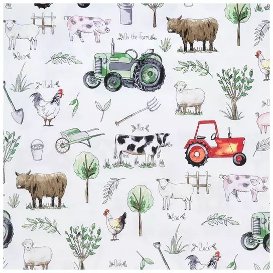 an image of farm animals and tractors on white paper with green leaves in the background