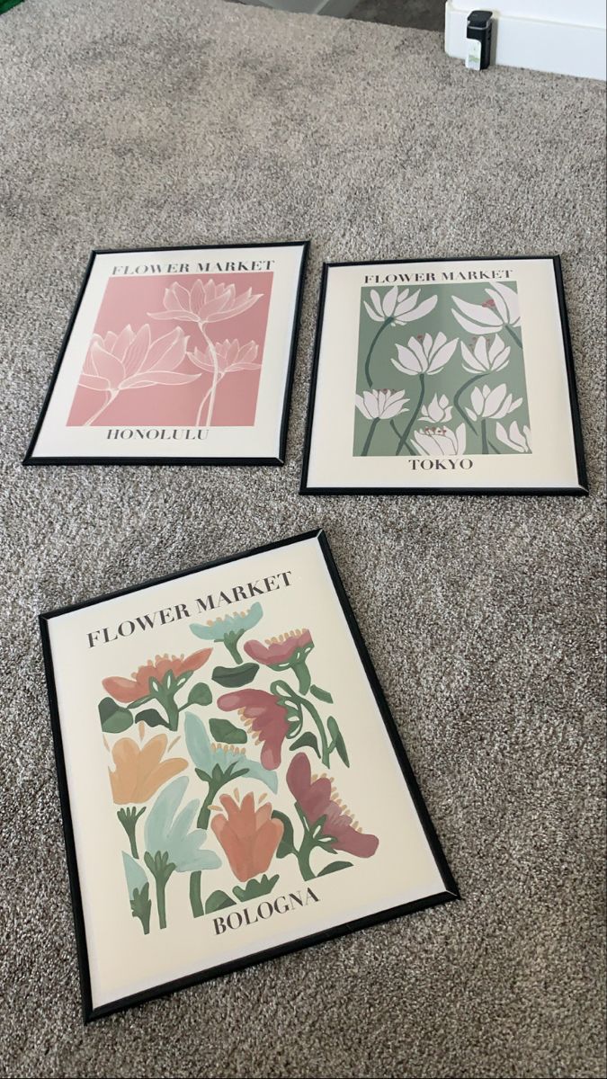 three framed flowers are on the floor next to each other