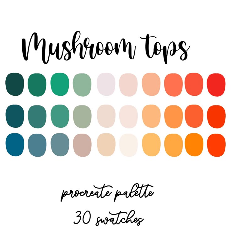 the words mushroom tops are in different colors