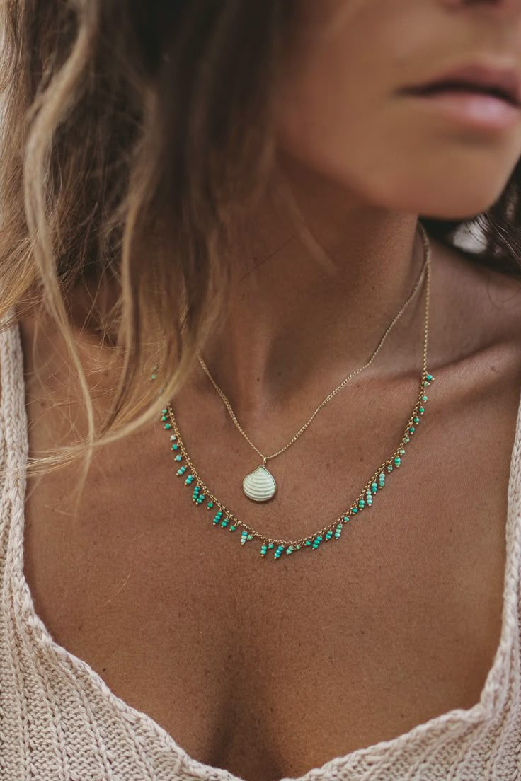 Bora Shaker Necklace – Kate Davis Jewelry Dainty 14k Gold Filled Jewelry For Beach, Accessory Styling, Kate Davis, Beaded Necklace Designs, Bar Jewelry, Tourmaline Necklace, Shell Necklace, Beaded Accessories, Shell Necklaces