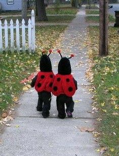 two children dressed as ladybugs walking down a sidewalk