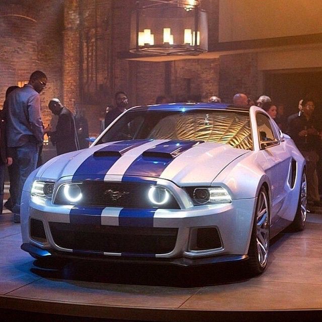 a white and blue mustang car is on display