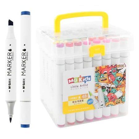 two markers and one marker pen in a plastic case