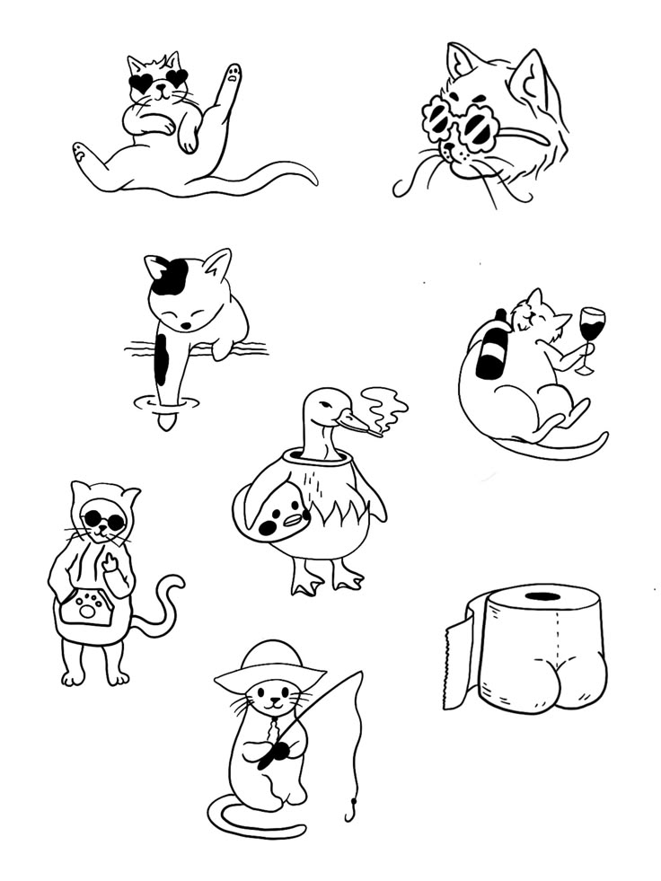 several cartoon animals are drawn in black and white