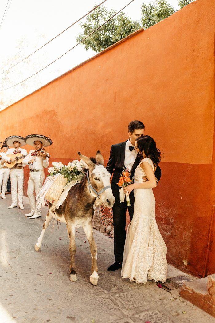 a bride and groom standing next to a donkey on the side of a road with other people