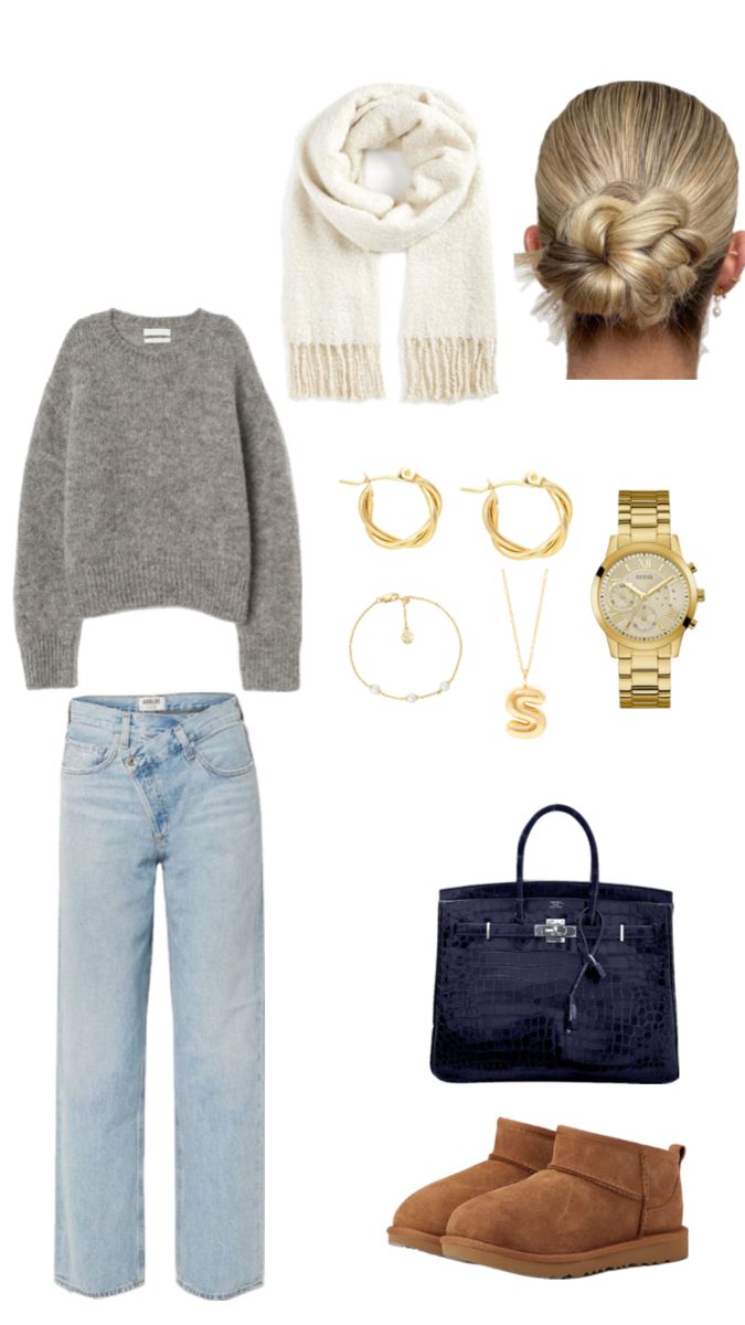 a woman's outfit including jeans, sweater and shoes