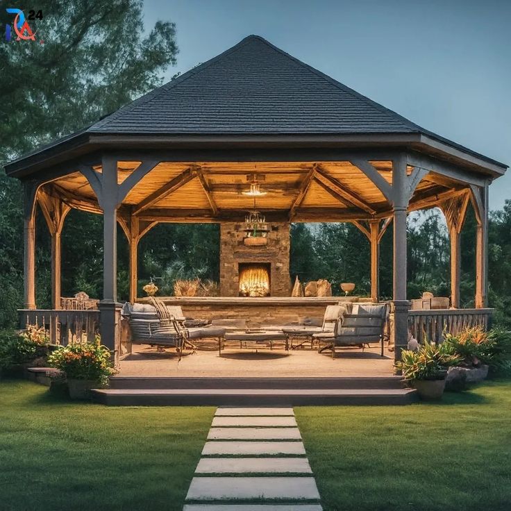 a gazebo sitting on top of a lush green field next to a fire pit