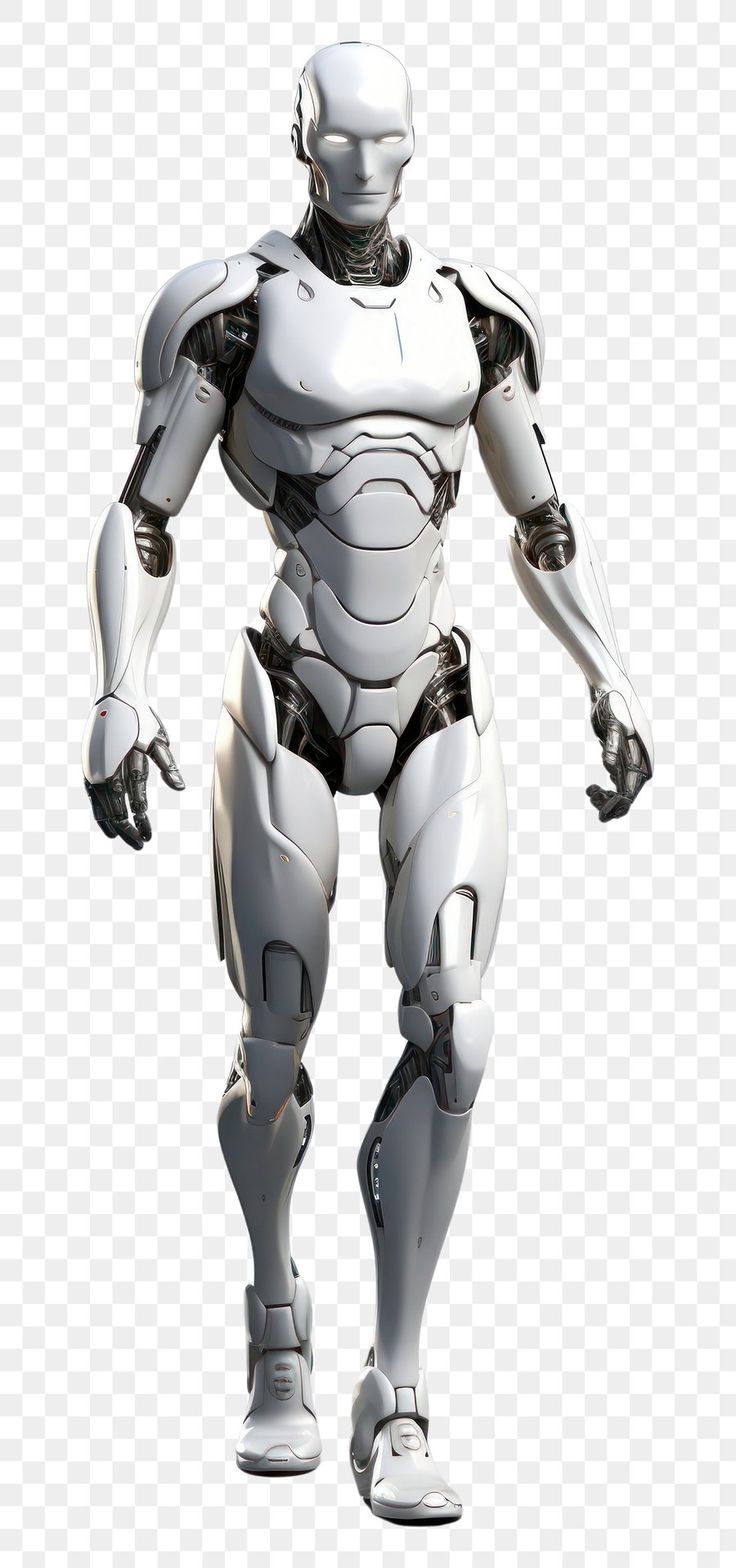 a white robot standing in front of a white background