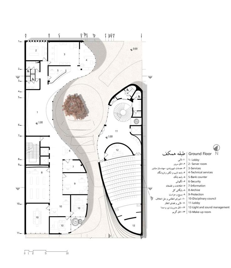 an architectural drawing shows the floor plan for a building with multiple levels and different sections