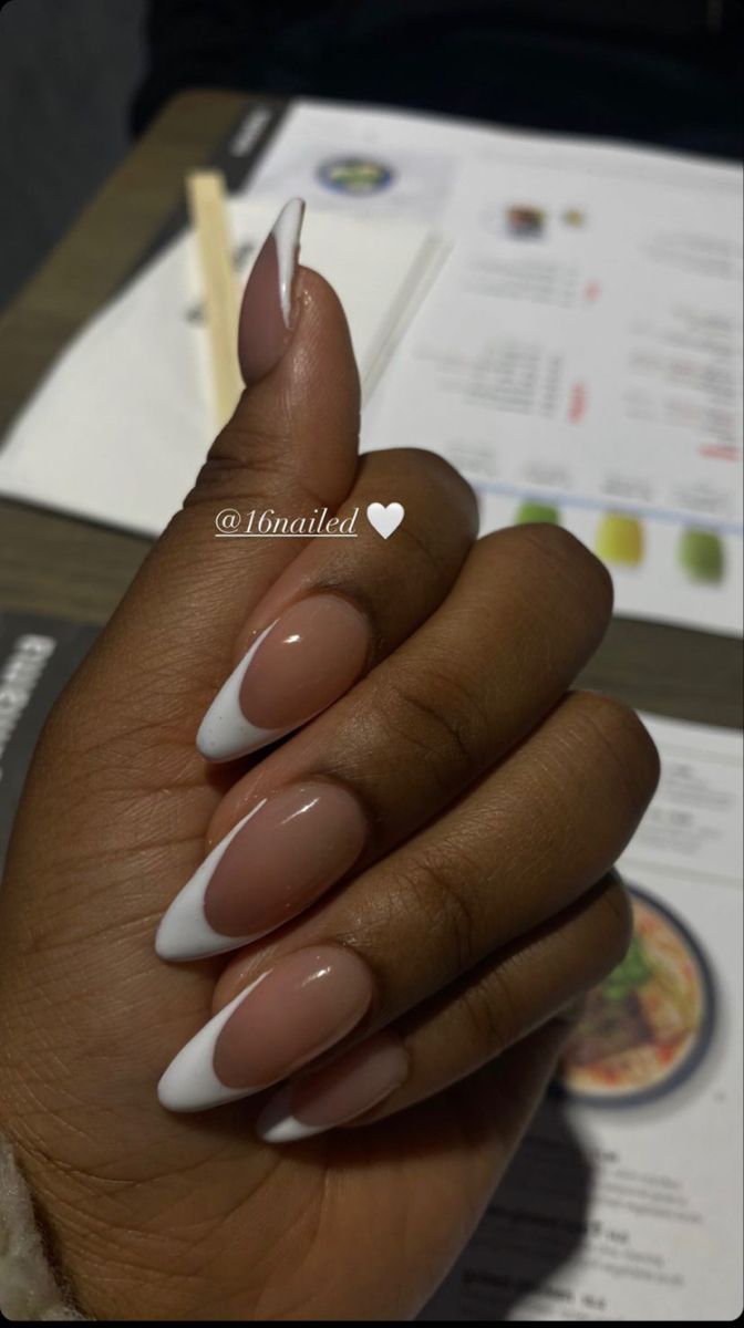 Feminine French Nails, Clear Pink Matte Nails, French Almond Shape Nails, Almond Fresh Tip Nails, Almond French Tip Black Woman, Almond Nails French Manicure, Almond French Tip Nails Black Women, Basic Baddie Nails Almond, Nude Nails Black Women Almond