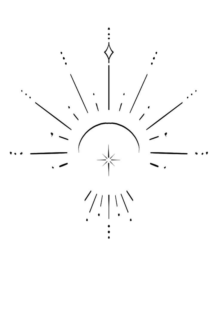 a black and white drawing of a sun with rays coming out of it's center