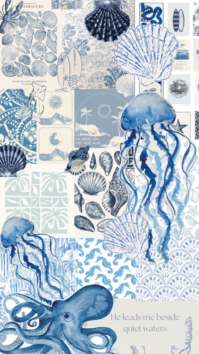 an octopus and jellyfish collage in blue