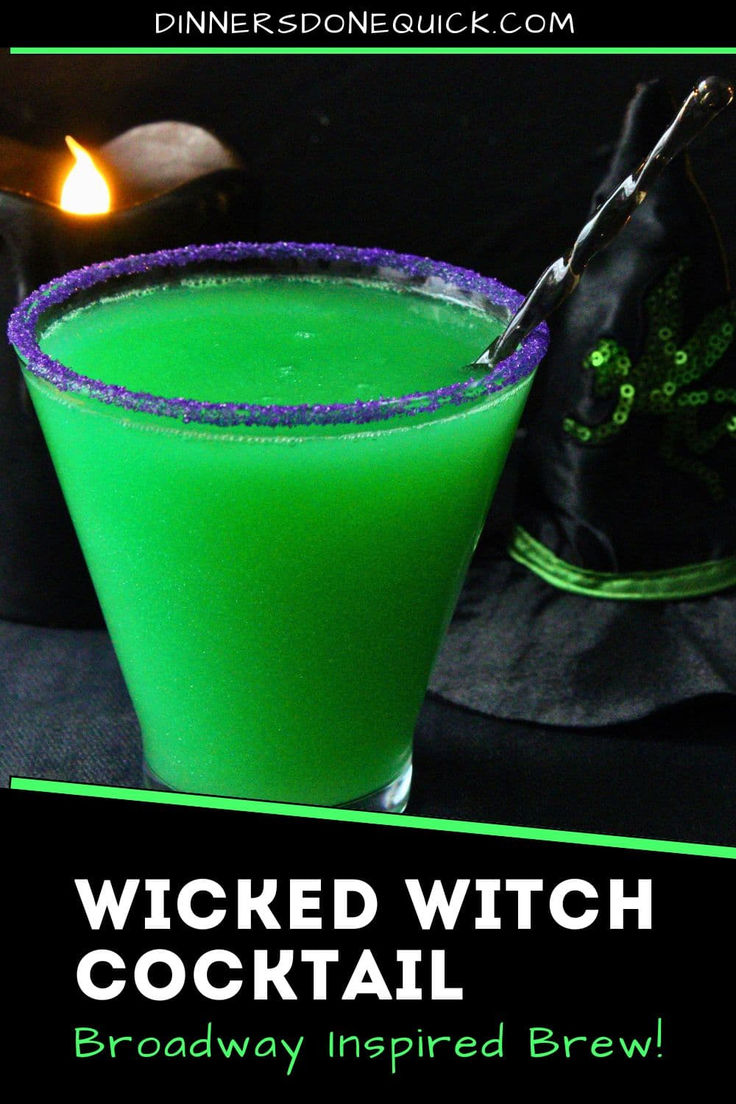 a green drink in a tall glass with a purple rim and the words, wicked witch cocktail broadway inspired brew