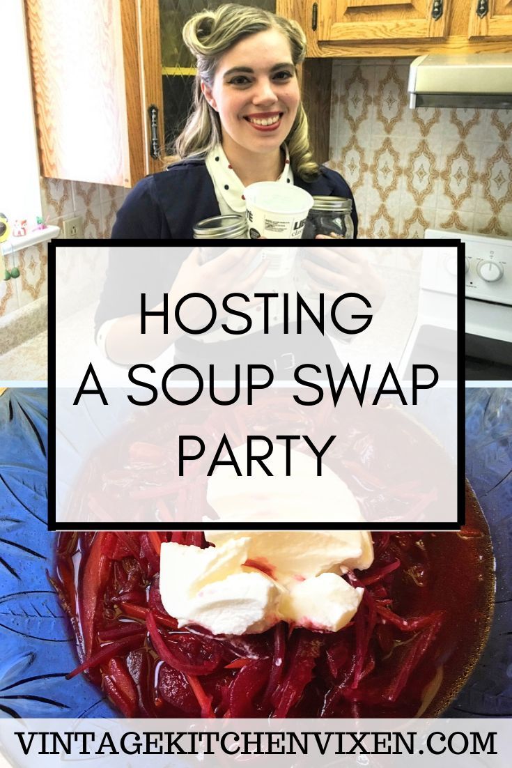 a woman taking a selfie in front of a bowl of food with the words hosting a soup swap party