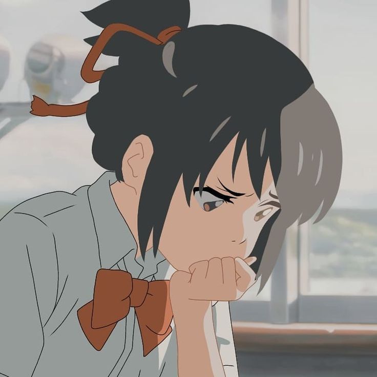 an anime character with black hair and brown bow tie sitting in front of a window