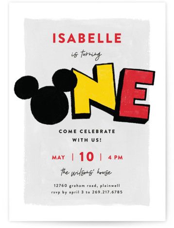 a mickey mouse birthday party card with the word'one'in red, yellow and black