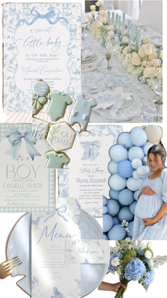 a collage of blue and white baby shower items, including balloons, plates, napkins, and flowers