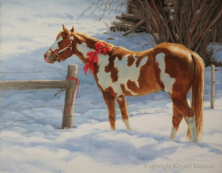 a painting of a brown and white horse standing in the snow next to a fence