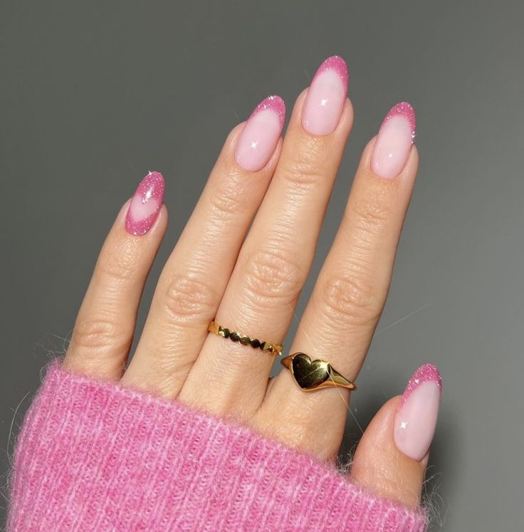 French Tip Nails Square, Pink Sparkle Nails, Pink Sparkly Nails, Fall Nails 2023, Glitter French Nails, Pink Tip Nails, Pink French Nails, Glitter Tip Nails, Glitter French Tips