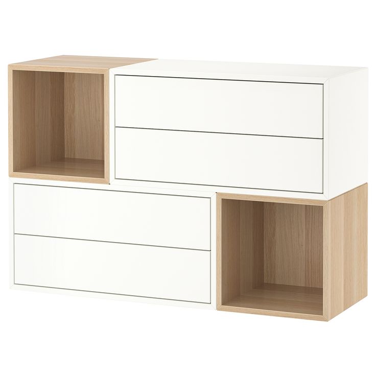 two white drawers with wooden shelves on each side