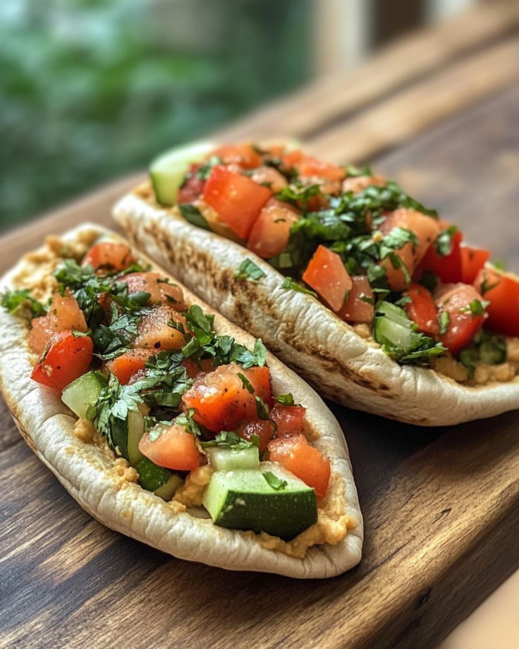 two pita breads with tomatoes, cucumbers and herbs on them sitting on a cutting board