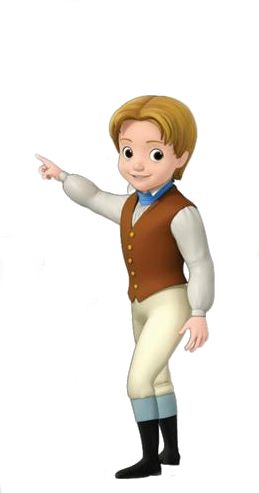 a cartoon boy pointing at something with his hand and wearing a brown vest, white pants and black boots