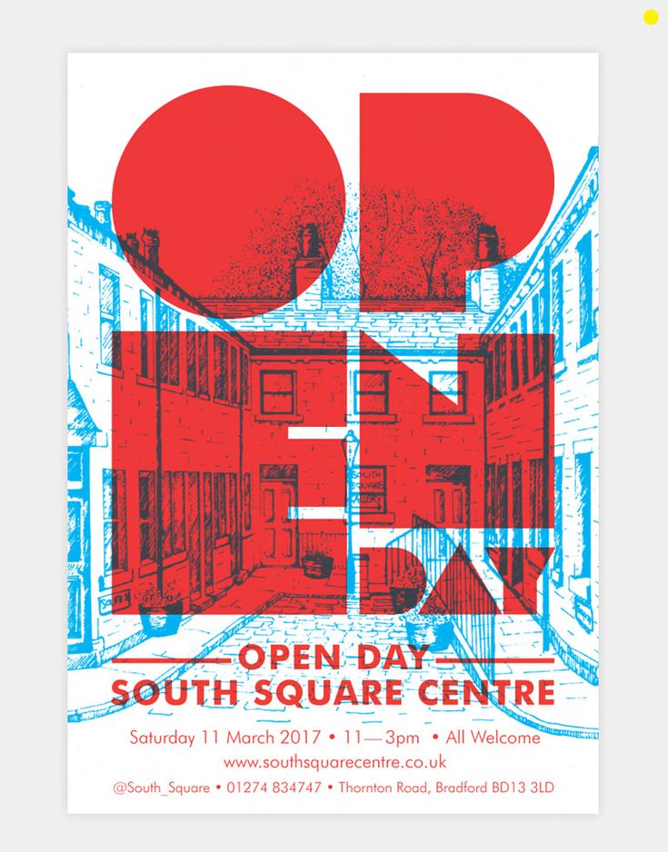 an open day poster for the south square centre, with red and blue shapes on it