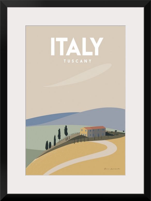 a framed poster with the words italy and an image of a house on top of a hill