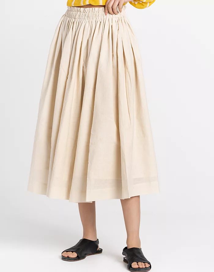 World of Crow Pleated Midi Skirt in Off White Brown Cami Top, Brown Cami, White Pleated Skirt, Teacher Clothes, Clothing Wishlist, Woven Fabrics, West Bengal, Cotton Muslin, Pleated Midi Skirt