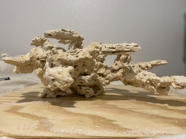 a pile of rocks sitting on top of a wooden table next to a white wall