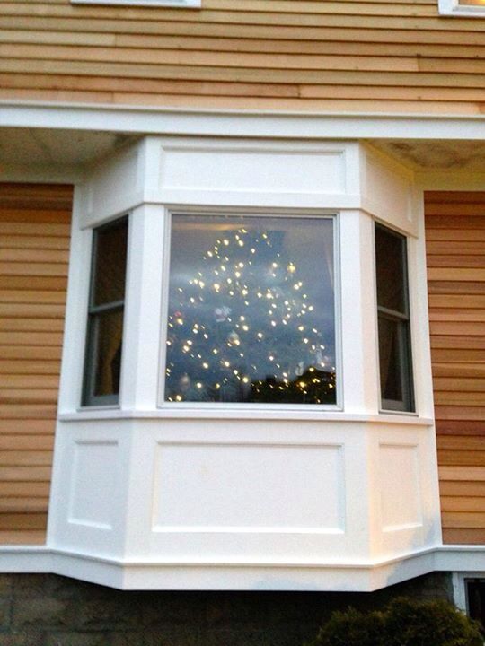 a cat sitting on the window sill in front of a house with christmas lights